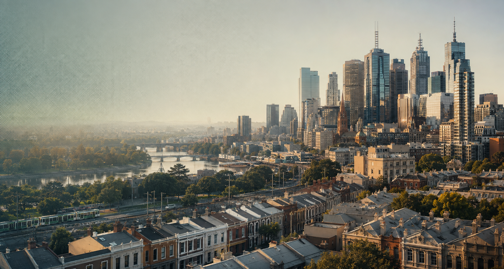 Melbourne skyline, Yarra River and inner-city terraces